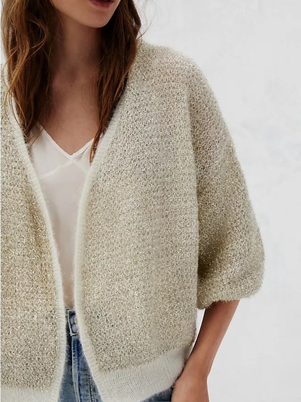 Anthropologie ONE SIZE Ivory Metallic Knit Open-Front Cardigan.